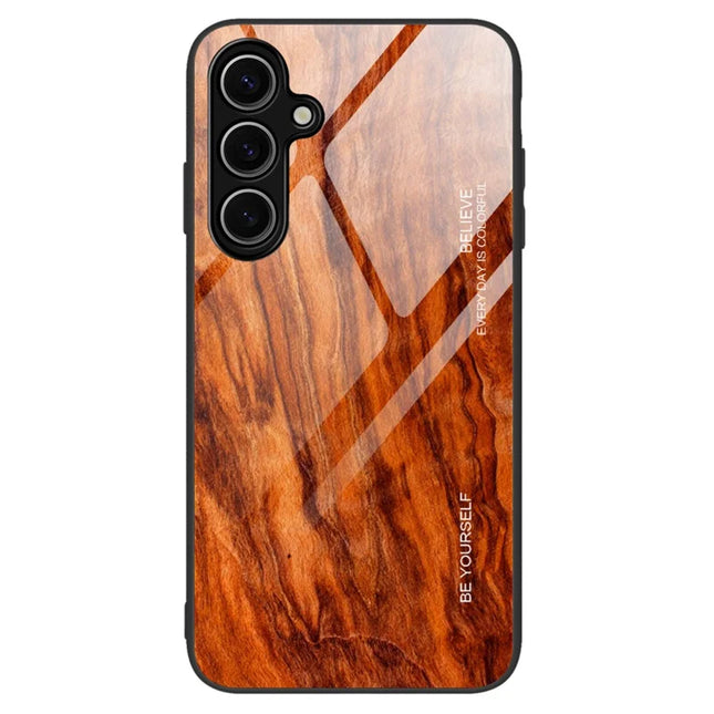 For Samsung Galaxy A26 5G Case TPU+Tempered Glass Back Phone Cover Wood Texture - Orange