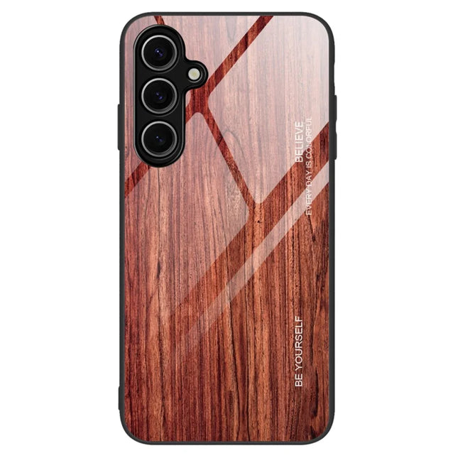 For Samsung Galaxy A26 5G Case TPU+Tempered Glass Back Phone Cover Wood Texture - Wine Red