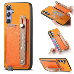 For Samsung Galaxy S23 FE Magnetic Leather Back Case with Detachable Card Holder and Wristband - Orange