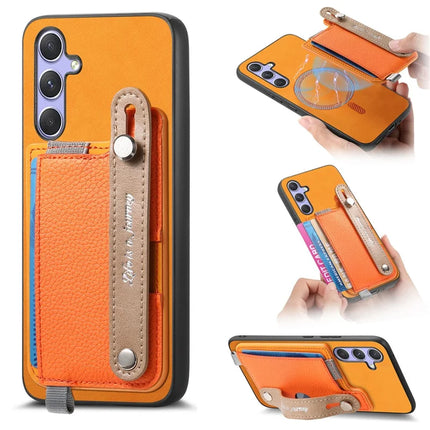 For Samsung Galaxy S23 FE Magnetic Leather Back Case with Detachable Card Holder and Wristband - Orange