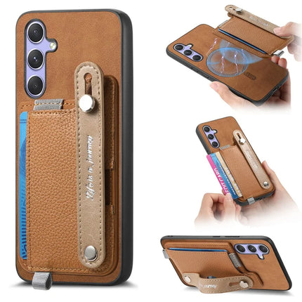 For Samsung Galaxy S23 FE Magnetic Leather Back Case with Detachable Card Holder and Wristband - Brown