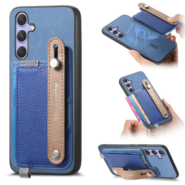 For Samsung Galaxy A05s 4G Magnetic Leather Back Case with Detachable Card Holder and Wristband - Blue