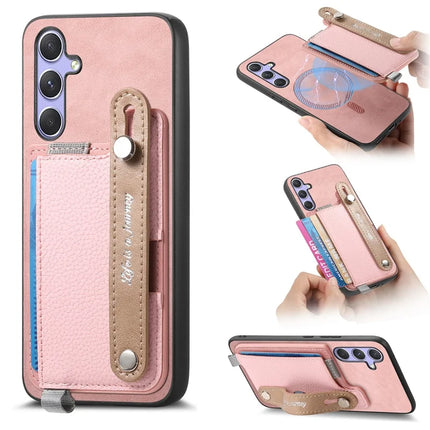 For Samsung Galaxy A05s 4G Magnetic Leather Back Case with Detachable Card Holder and Wristband - Pink