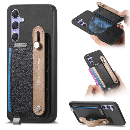 For Samsung Galaxy A05s 4G Magnetic Leather Back Case with Detachable Card Holder and Wristband - Black