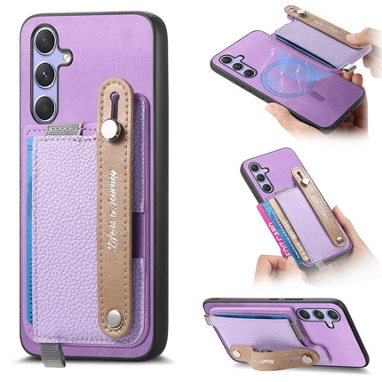 For Samsung Galaxy A05s 4G Magnetic Leather Back Case with Detachable Card Holder and Wristband - Purple