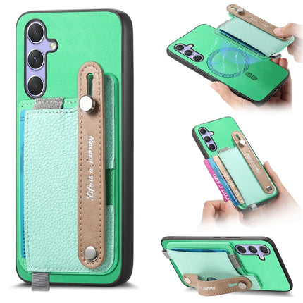 For Samsung Galaxy A05s 4G Magnetic Leather Back Case with Detachable Card Holder and Wristband - Green