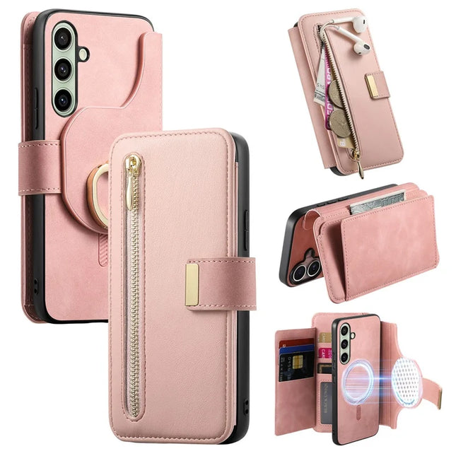For Samsung Galaxy A05s 4G Magnetic Leather Case with Detachable RFID Blocking Zipper Wallet Cover - Pink