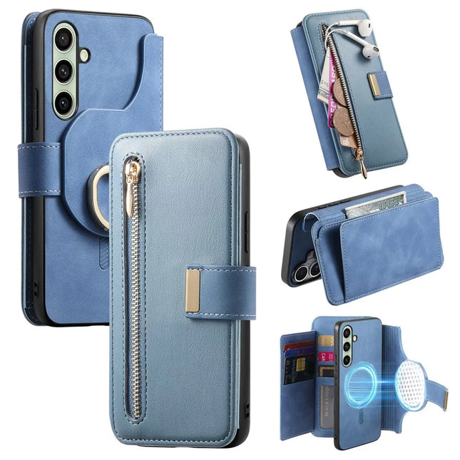 For Samsung Galaxy A05s 4G Magnetic Leather Case with Detachable RFID Blocking Zipper Wallet Cover - Blue