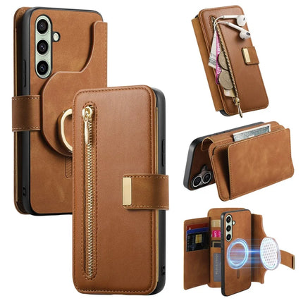 For Samsung Galaxy A35 5G Magnetic Leather Case with Detachable RFID Blocking Zipper Wallet Cover - Brown