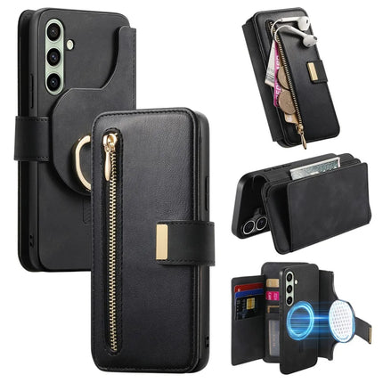 For Samsung Galaxy A55 5G Magnetic Leather Case with Detachable RFID Blocking Zipper Wallet Cover - Black