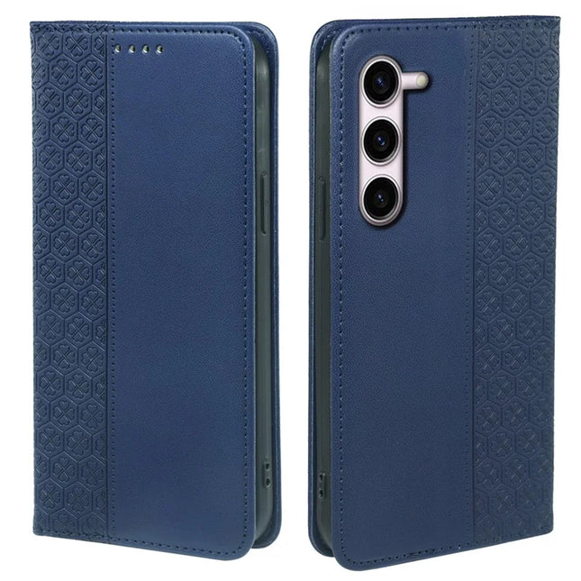 For Samsung Galaxy S23 Case Four Leaf Clover Leather Flip Phone Cover Stand Wallet - Blue