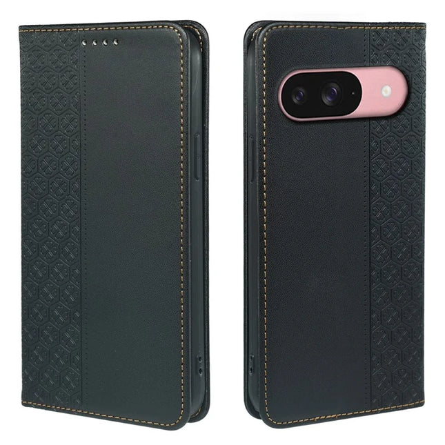 For Google Pixel 9 / Pixel 9 Pro Case Four Leaf Clover Leather Flip Phone Cover Stand Wallet - Black