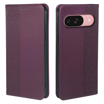 For Google Pixel 9 / Pixel 9 Pro Case Four Leaf Clover Leather Flip Phone Cover Stand Wallet - Dark Purple