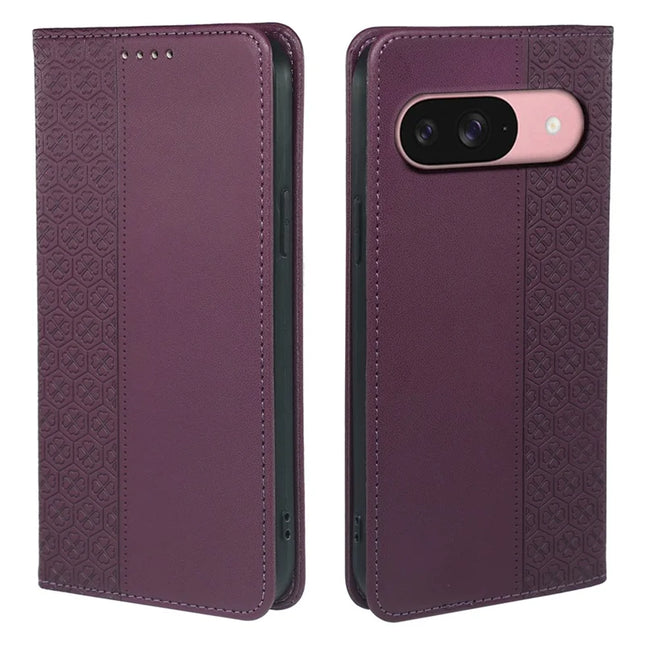 For Google Pixel 9 / Pixel 9 Pro Case Four Leaf Clover Leather Flip Phone Cover Stand Wallet - Dark Purple