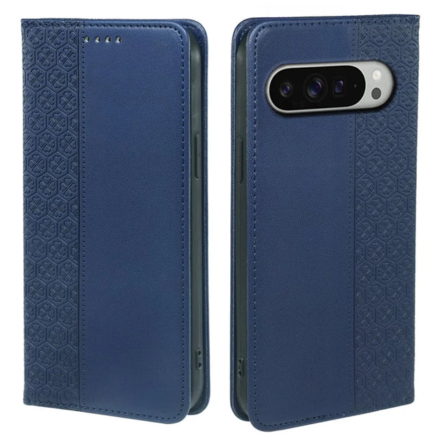 For Google Pixel 9 Pro XL Case Four Leaf Clover Leather Flip Phone Cover Stand Wallet - Blue