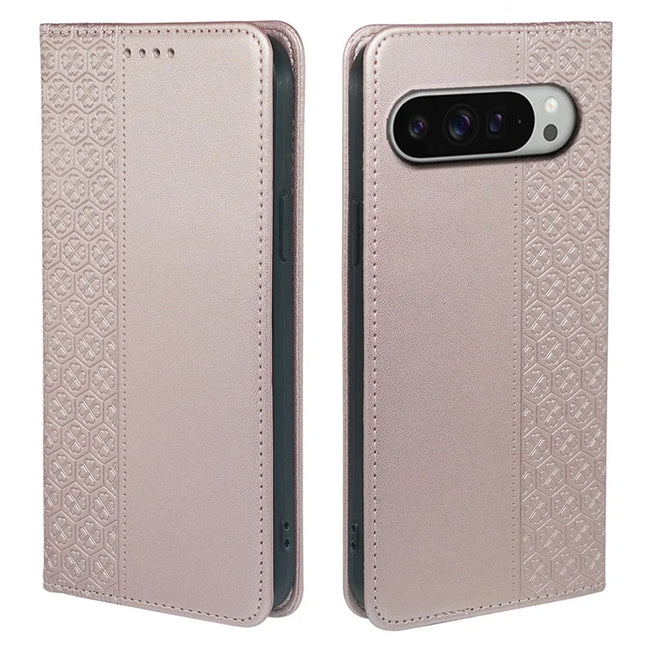 For Google Pixel 9 Pro XL Case Four Leaf Clover Leather Flip Phone Cover Stand Wallet - Rose Gold