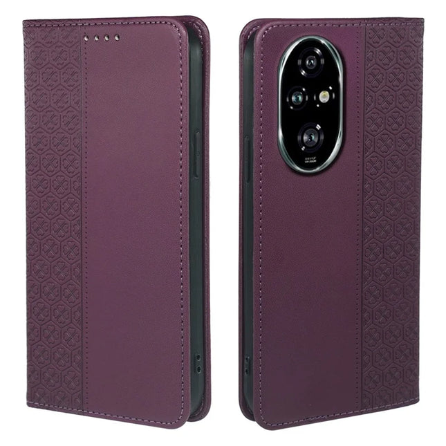 For Honor 200 Pro 5G Case Four Leaf Clover Leather Flip Phone Cover Stand Wallet - Dark Purple