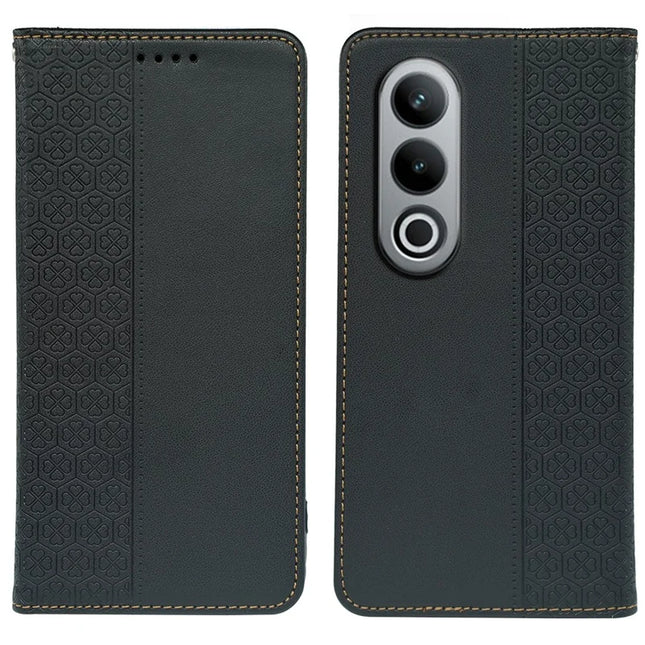 For OnePlus Nord CE4 5G Case Four Leaf Clover Leather Flip Phone Cover Stand Wallet - Black
