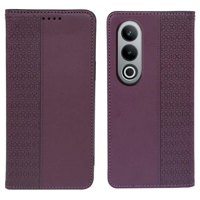 For OnePlus Nord CE4 5G Case Four Leaf Clover Leather Flip Phone Cover Stand Wallet - Dark Purple