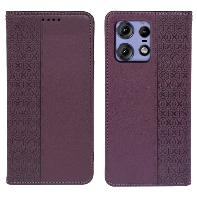 For Motorola Edge 50 Pro 5G Case Four Leaf Clover Leather Flip Phone Cover Stand Wallet - Dark Purple