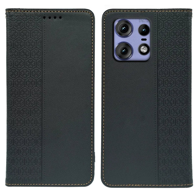 For Motorola Edge 50 Pro 5G Case Four Leaf Clover Leather Flip Phone Cover Stand Wallet - Black