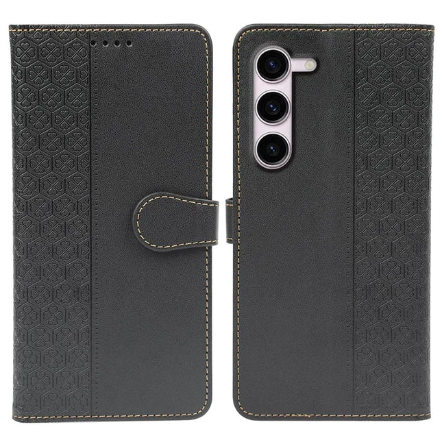 For Samsung Galaxy S23 Case Magnetic Clasp Four Leaf Clover Leather Phone Cover - Black