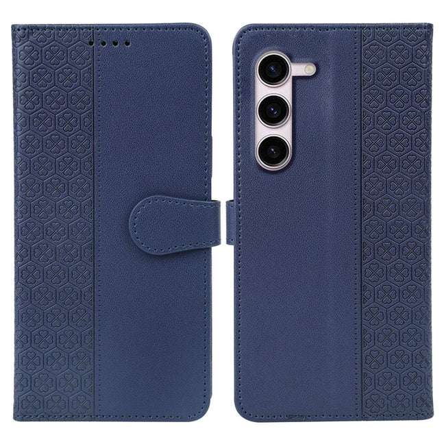 For Samsung Galaxy S23 Case Magnetic Clasp Four Leaf Clover Leather Phone Cover - Blue