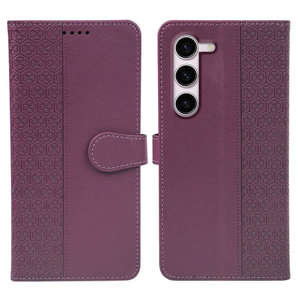 For Samsung Galaxy S23 Case Magnetic Clasp Four Leaf Clover Leather Phone Cover - Dark Purple