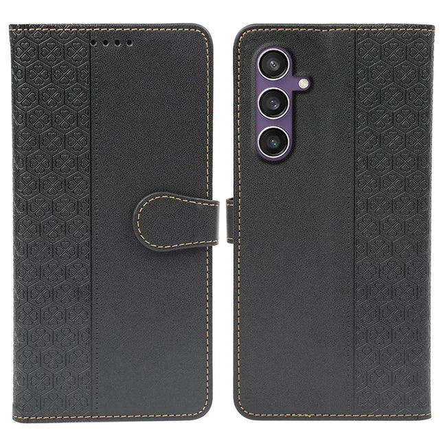 For Samsung Galaxy S23 FE Case Magnetic Clasp Four Leaf Clover Leather Phone Cover - Black