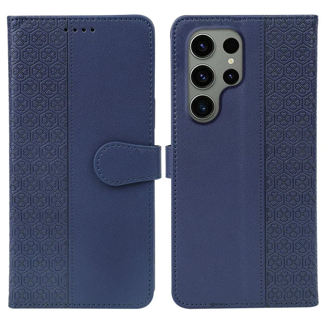 For Samsung Galaxy S23 Ultra Case Magnetic Clasp Four Leaf Clover Leather Phone Cover - Blue