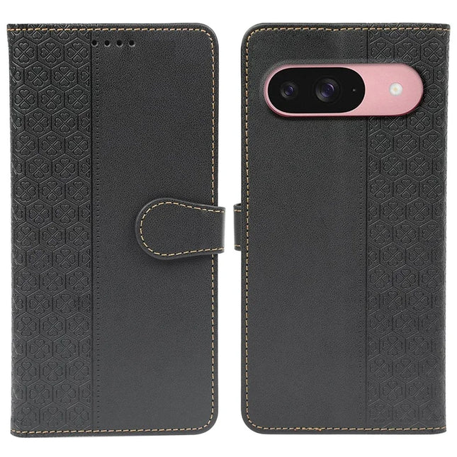 For Google Pixel 9 / Pixel 9 Pro Case Magnetic Clasp Four Leaf Clover Leather Phone Cover - Black