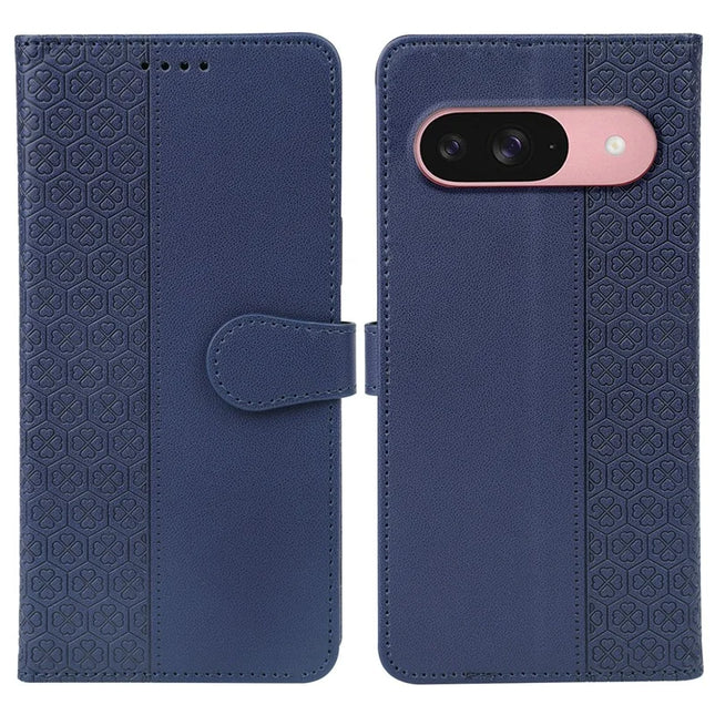 For Google Pixel 9 / Pixel 9 Pro Case Magnetic Clasp Four Leaf Clover Leather Phone Cover - Blue