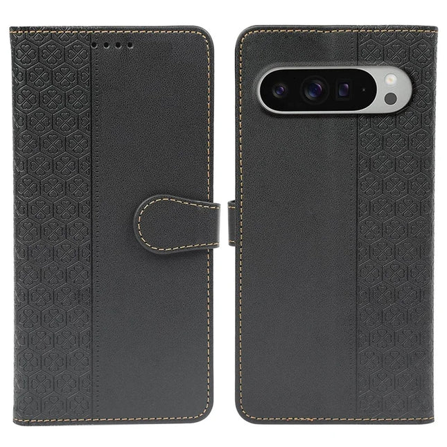 For Google Pixel 9 Pro XL Case Magnetic Clasp Four Leaf Clover Leather Phone Cover - Black