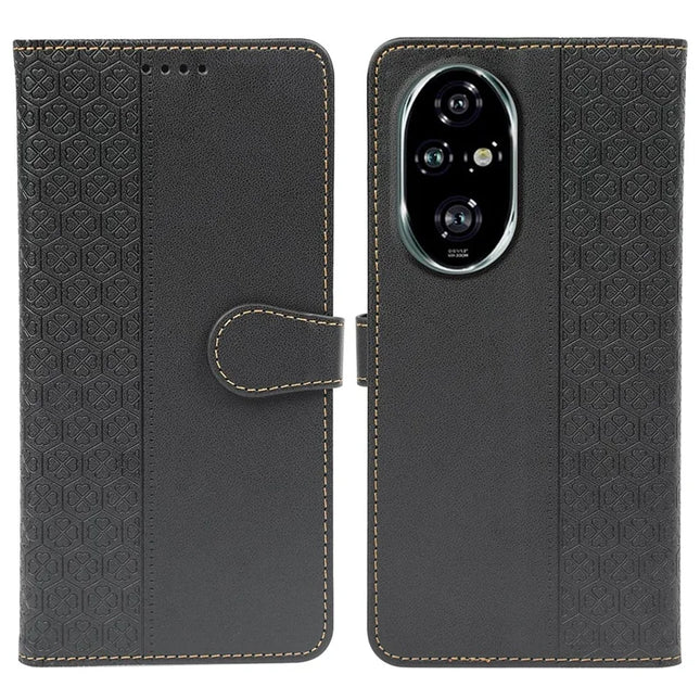 For Honor 200 Pro 5G Case Magnetic Clasp Four Leaf Clover Leather Phone Cover - Black
