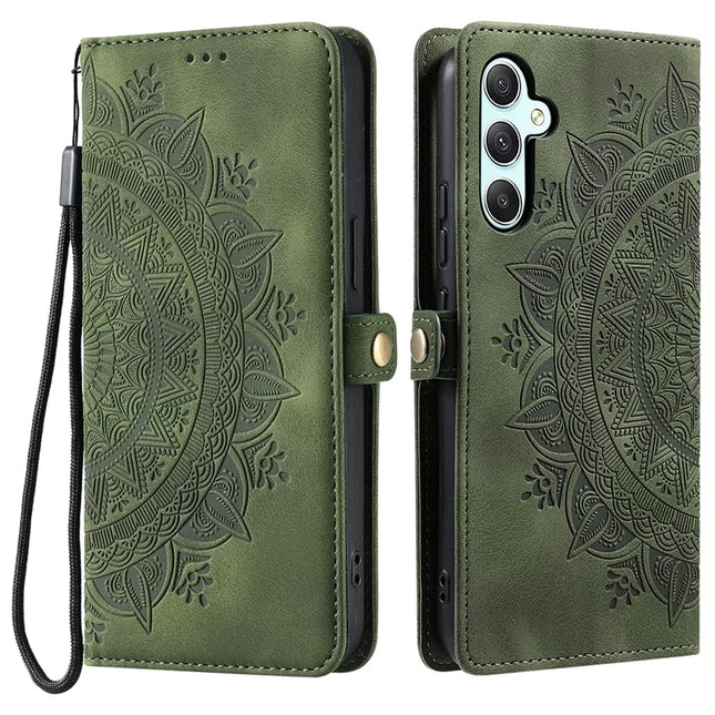 Style 016 For Samsung Galaxy A26 5G Case Skin Feel Totem Imprinted Wallet Leather Phone Cover - Blackish Green