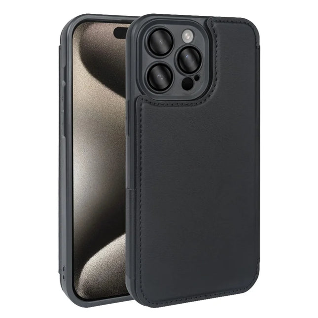For iPhone 15 Pro Magnetic Case RCS Eco Friendly Flip Phone Cover with Kickstand RFID Blocking - Black