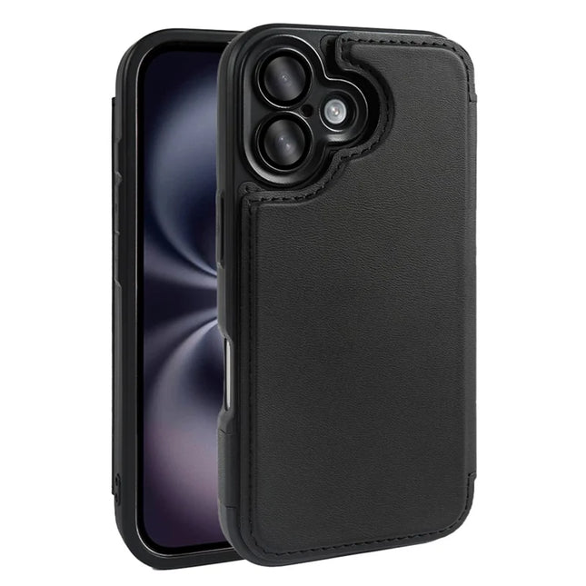 For iPhone 16 Magnetic Case RCS Eco Friendly Flip Phone Cover with Kickstand RFID Blocking - Black