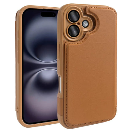 For iPhone 16 Magnetic Case RCS Eco Friendly Flip Phone Cover with Kickstand RFID Blocking - Brown
