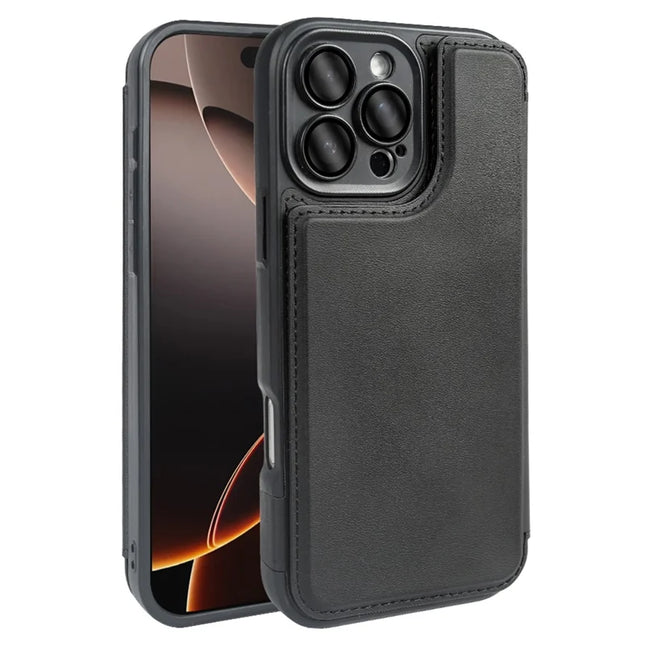 For iPhone 16 Pro Max Magnetic Case RCS Eco Friendly Flip Phone Cover with Kickstand RFID Blocking - Black