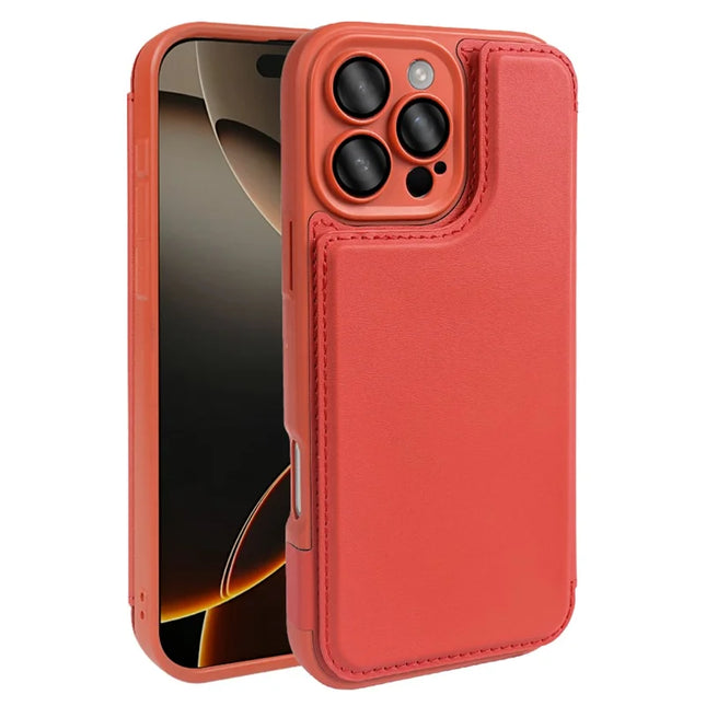For iPhone 16 Pro Max Magnetic Case RCS Eco Friendly Flip Phone Cover with Kickstand RFID Blocking - Red