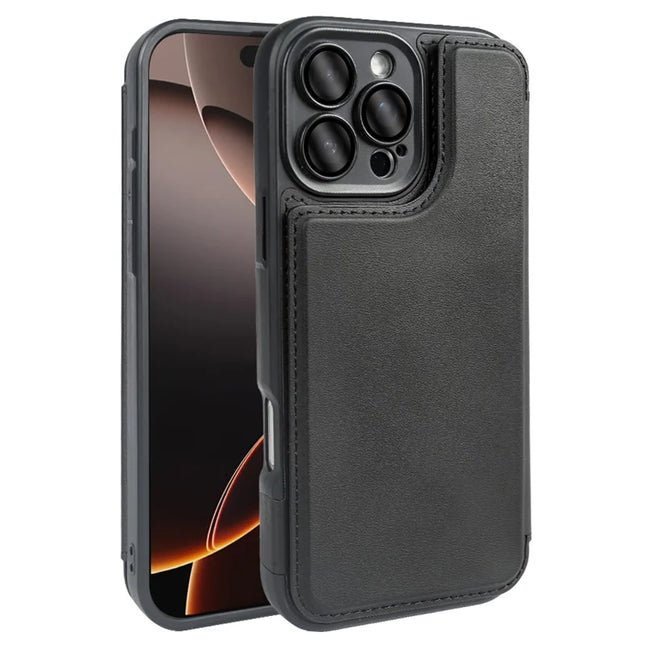 For iPhone 16 Pro Magnetic Case RCS Eco Friendly Flip Phone Cover with Kickstand RFID Blocking - Black