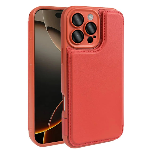 For iPhone 16 Pro Magnetic Case RCS Eco Friendly Flip Phone Cover with Kickstand RFID Blocking - Red