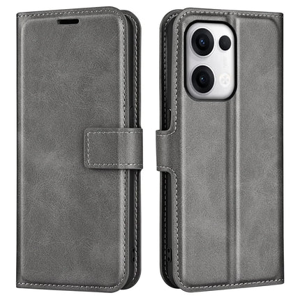 For Oppo Reno13 5G (Global) Stand Case Anti-Scratch Calf Texture Leather Phone Cover - Grey