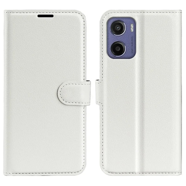 For Motorola Moto E15 4G Case Litchi Texture Shockproof Leather Wallet Phone Cover - White