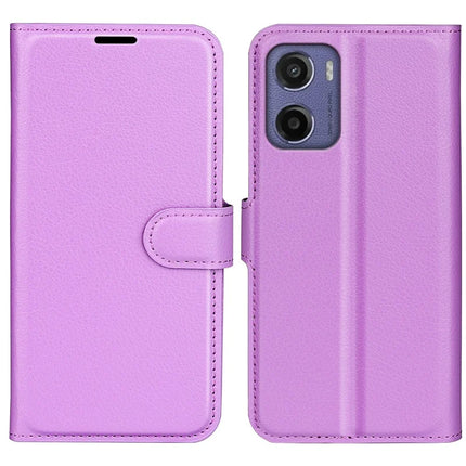 For Motorola Moto E15 4G Case Litchi Texture Shockproof Leather Wallet Phone Cover - Purple