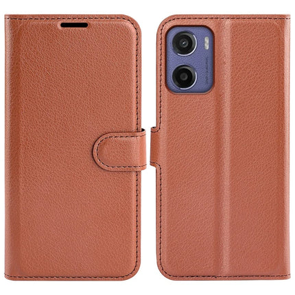 For Motorola Moto E15 4G Case Litchi Texture Shockproof Leather Wallet Phone Cover - Brown