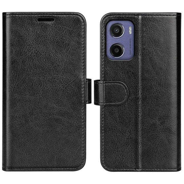 For Motorola Moto E15 4G Wallet Case Crazy Horse Texture Stand Leather Phone Cover - Black