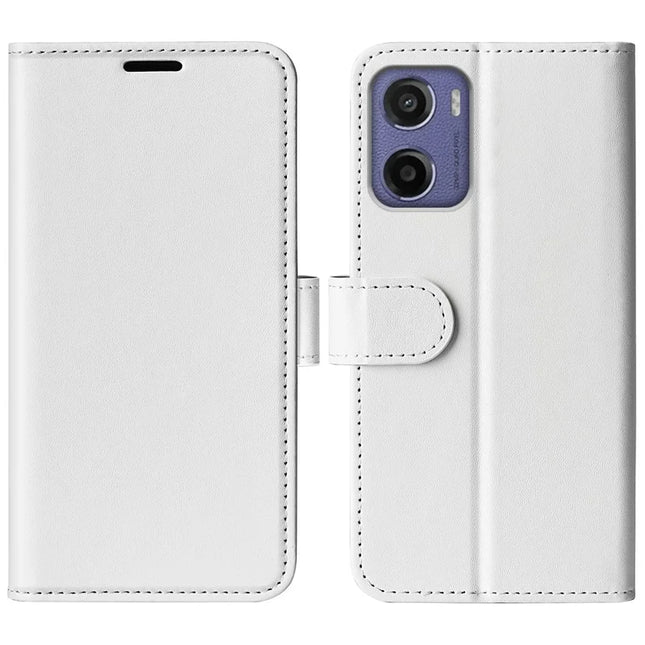 For Motorola Moto E15 4G Wallet Case Crazy Horse Texture Stand Leather Phone Cover - White