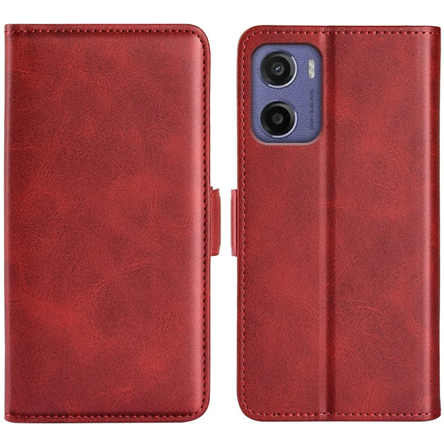 For Motorola Moto E15 4G Stand Case Calf Texture Leather Wallet Phone Cover - Red