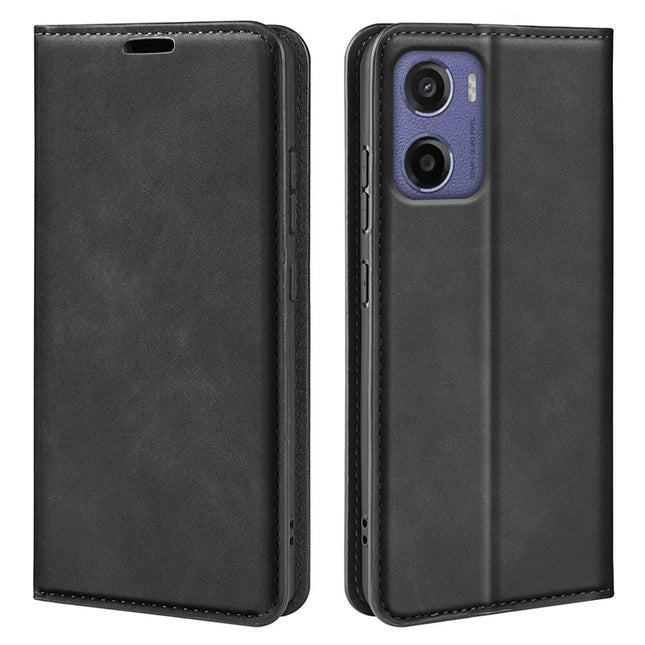 For Motorola Moto E15 4G Case Skin Touch Leather Wallet Phone Cover - Black